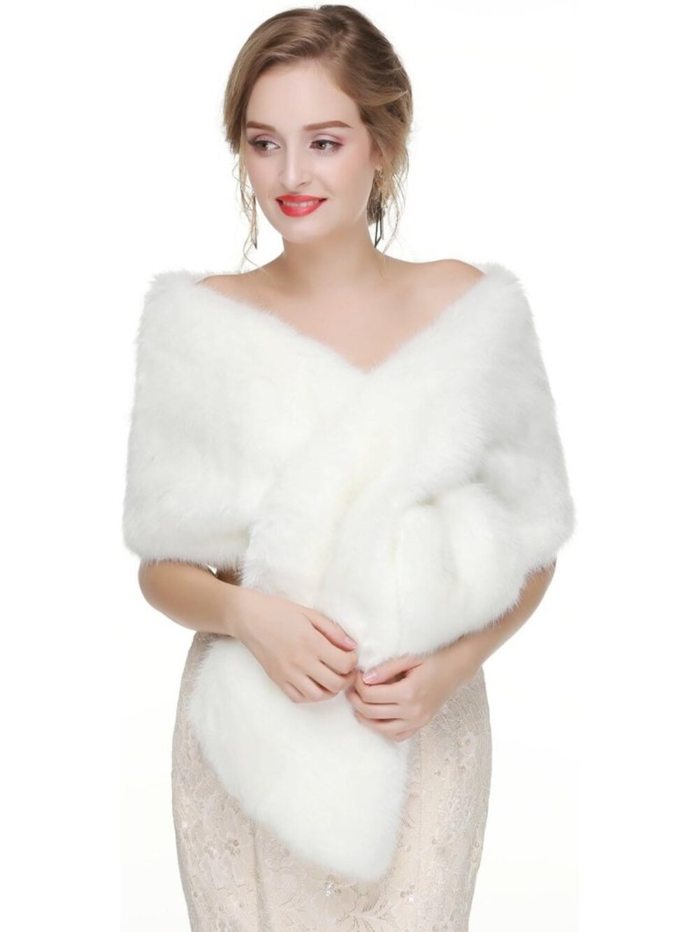 Elegant Faux Fur Shawl Wrap Cape for Bridal Wedding Party - Blue Wool Blend
